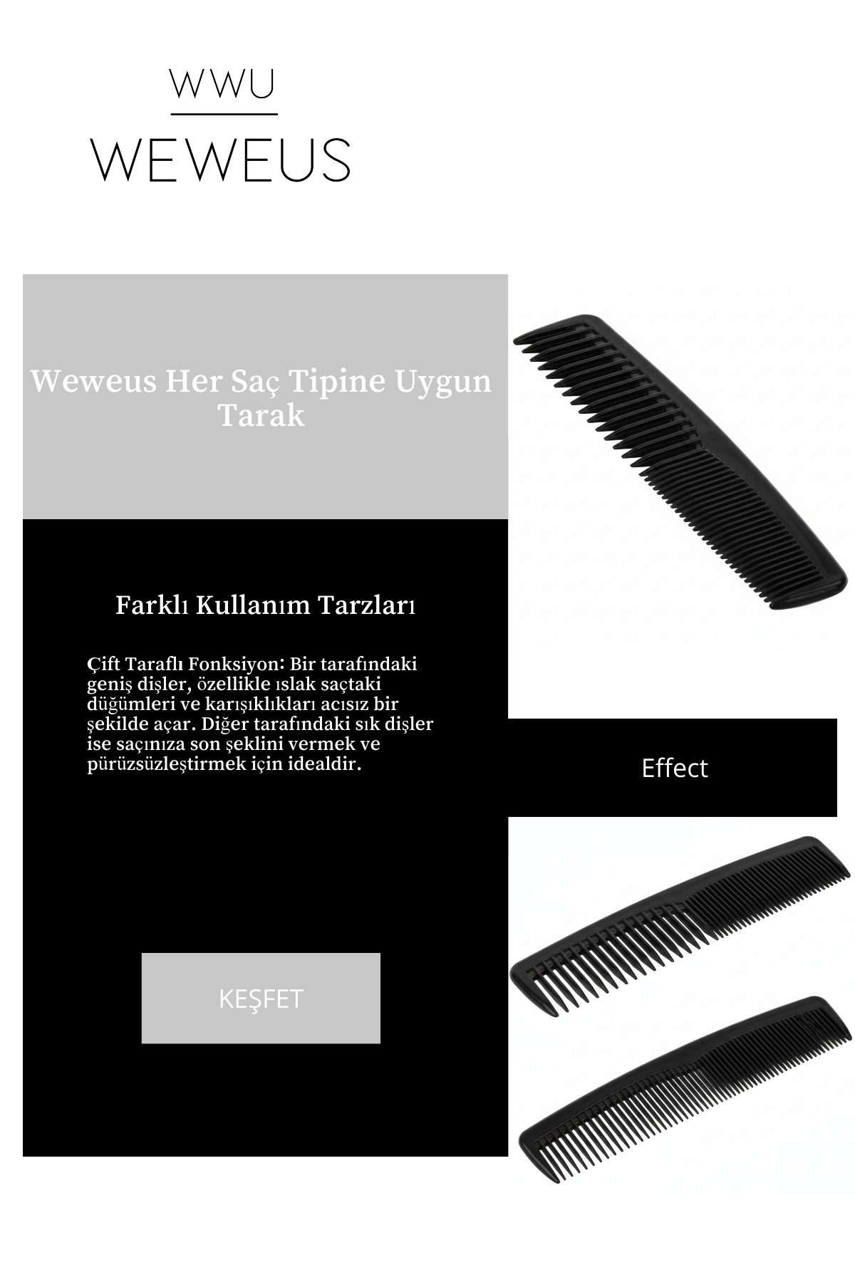 Çift Taraflı Siyah Renk Karışıklık Açıcı 2'li Paket Saç Tarağı