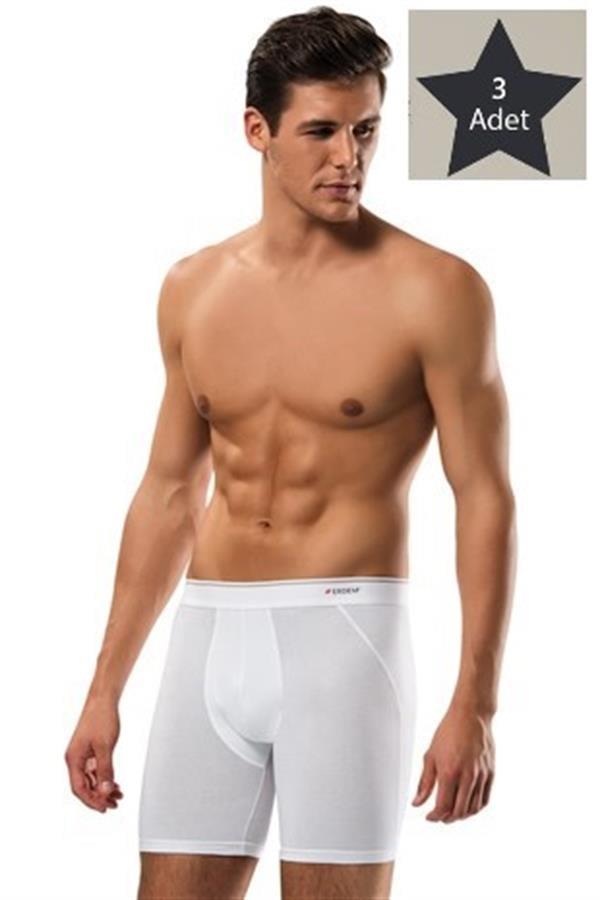 Erdem 3'lü Beyaz Pamuk Elastan Uzun Boxer 1470
