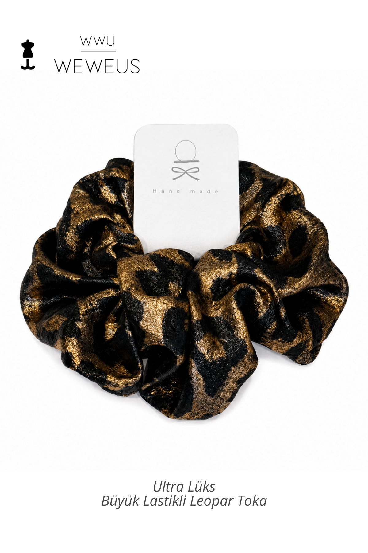 WeWeus Büyük Siyah Gold Leopar Premium Saten Lastik Scrunchie Toka
