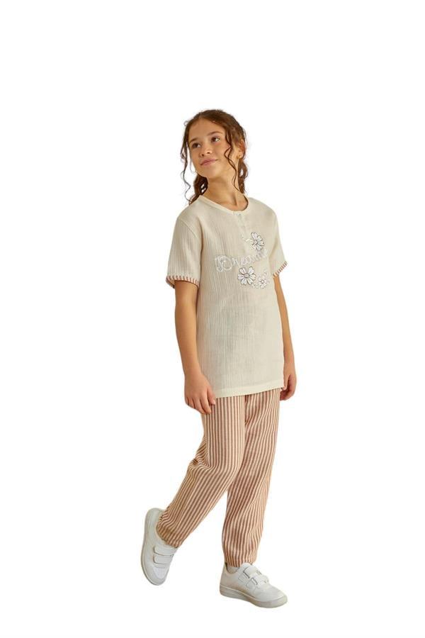 WeWeus Ekru Kız Çocuk Düğmeli Pijama Takımı 804