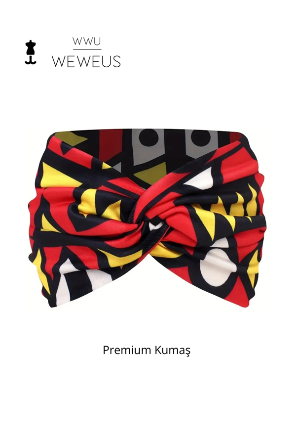 WeWeus Kırmızı Siyah Geometrik Desen Premium Kadın Saç Bandı