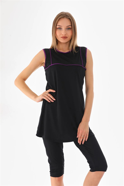 Sıfır Kollu Mor Şeritli Siyah Kadın Mayo