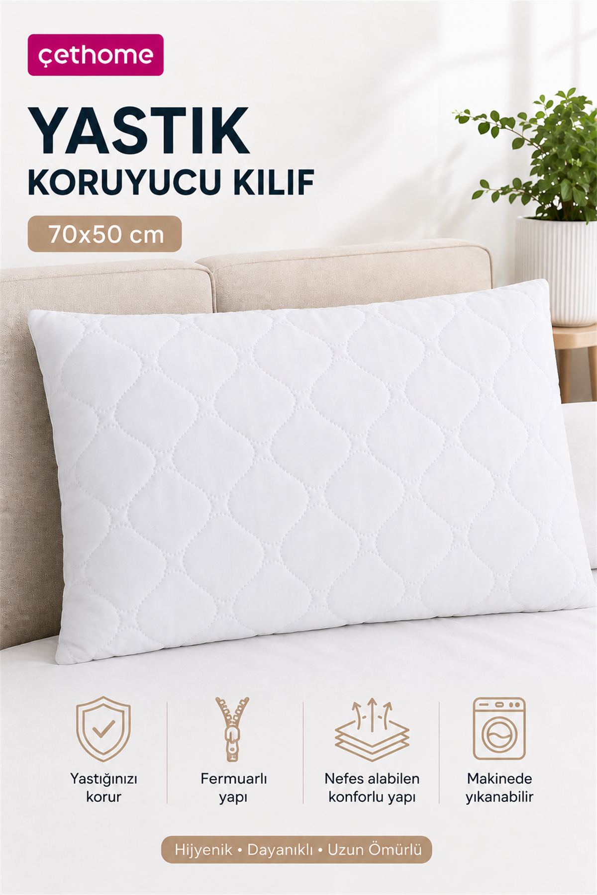 ÇetHome 50x70 cm Kapitone Yastık Koruyucu Fermuarlı