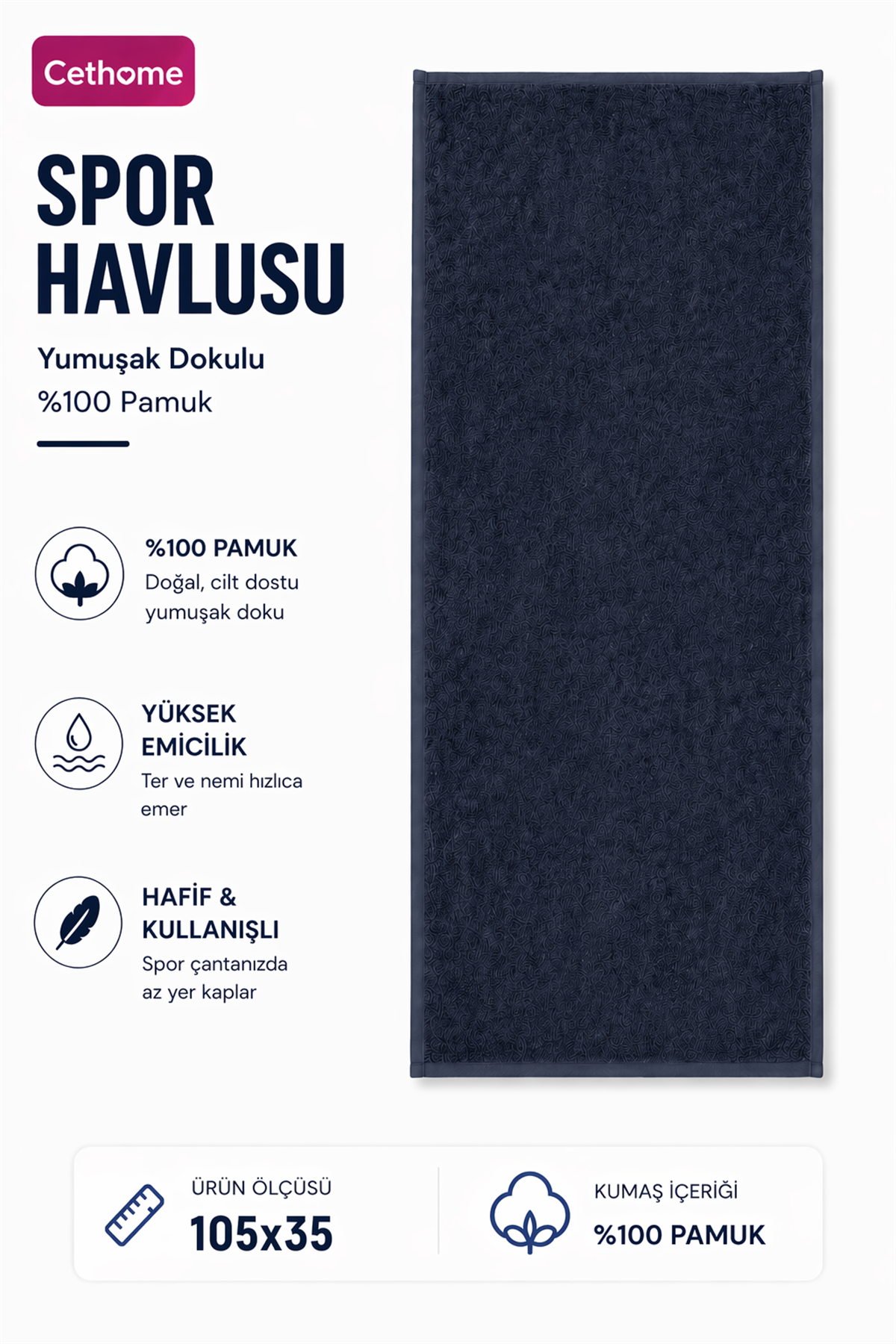 ÇetHome Antrasit %100 Pamuk Spor Havlusu