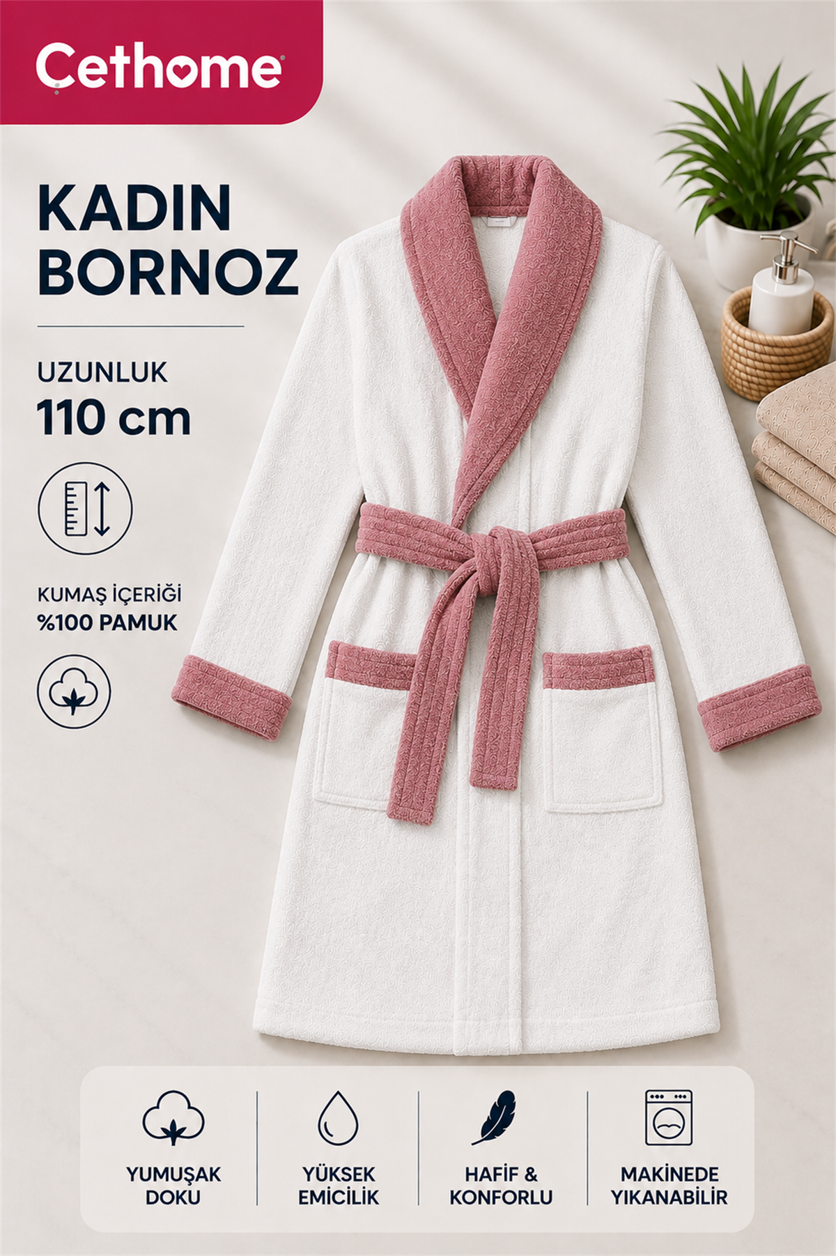 ÇetHome Beyaz Renk Pembe Kemerli Kadın %100 Pamuklu Bornoz