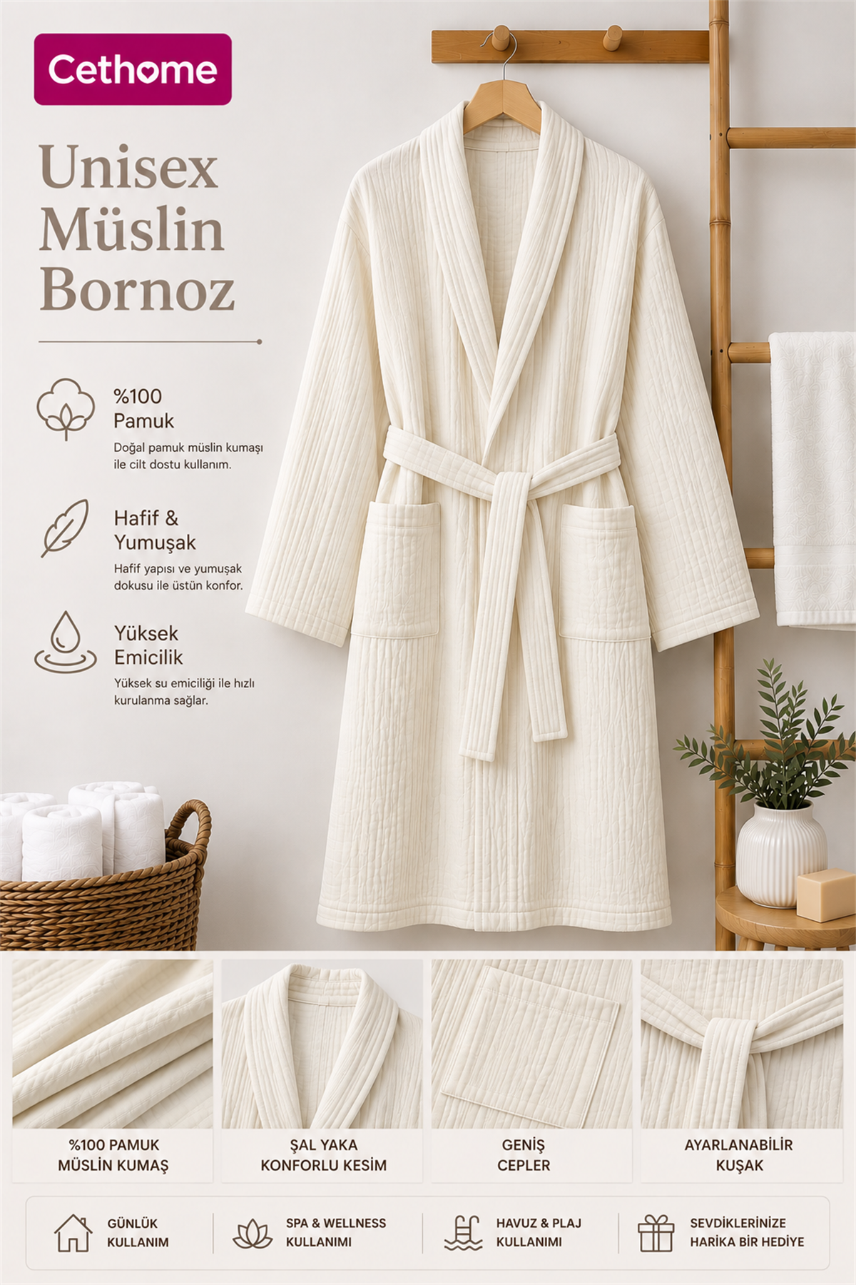 ÇetHome Kırık Beyaz Renk Unisex Kemerli %100 Pamuklu Müslin Kumaş Bornoz
