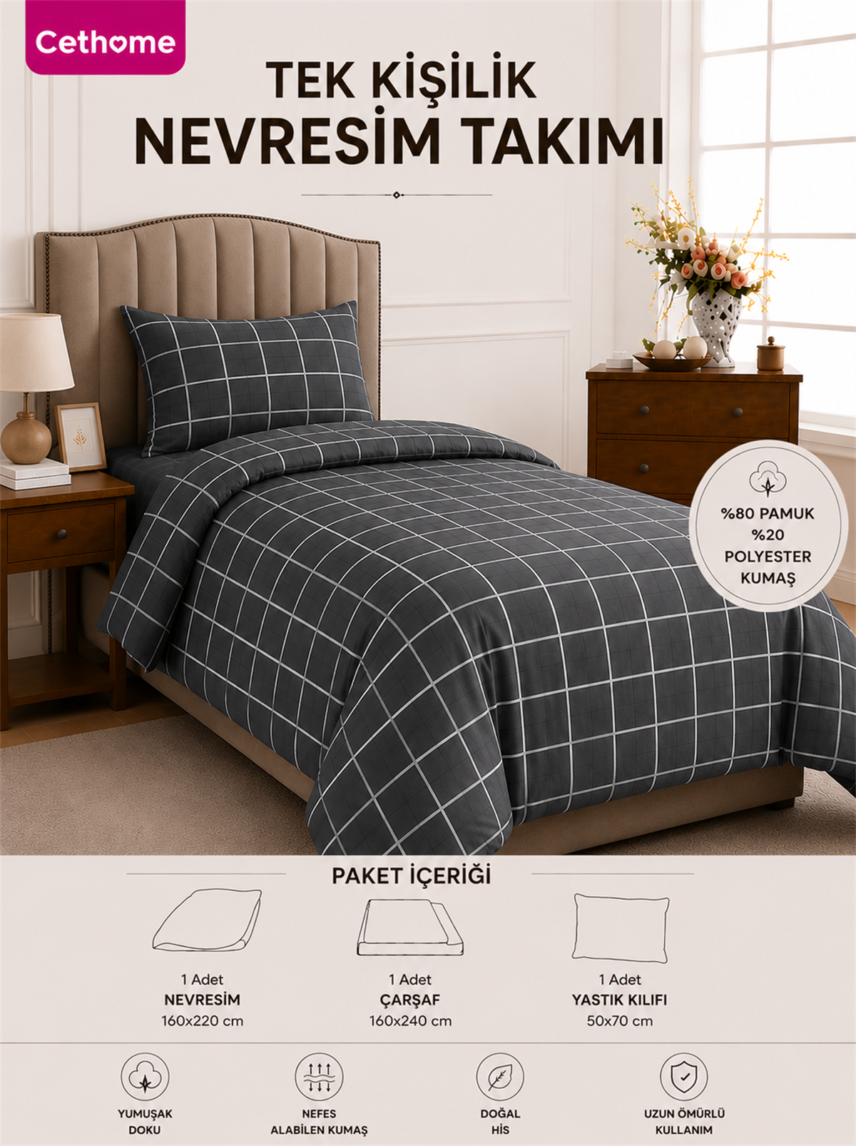 ÇetHome Pamuklu Antrasit Ekoseli Tek Kişilik Nevresim Takımı