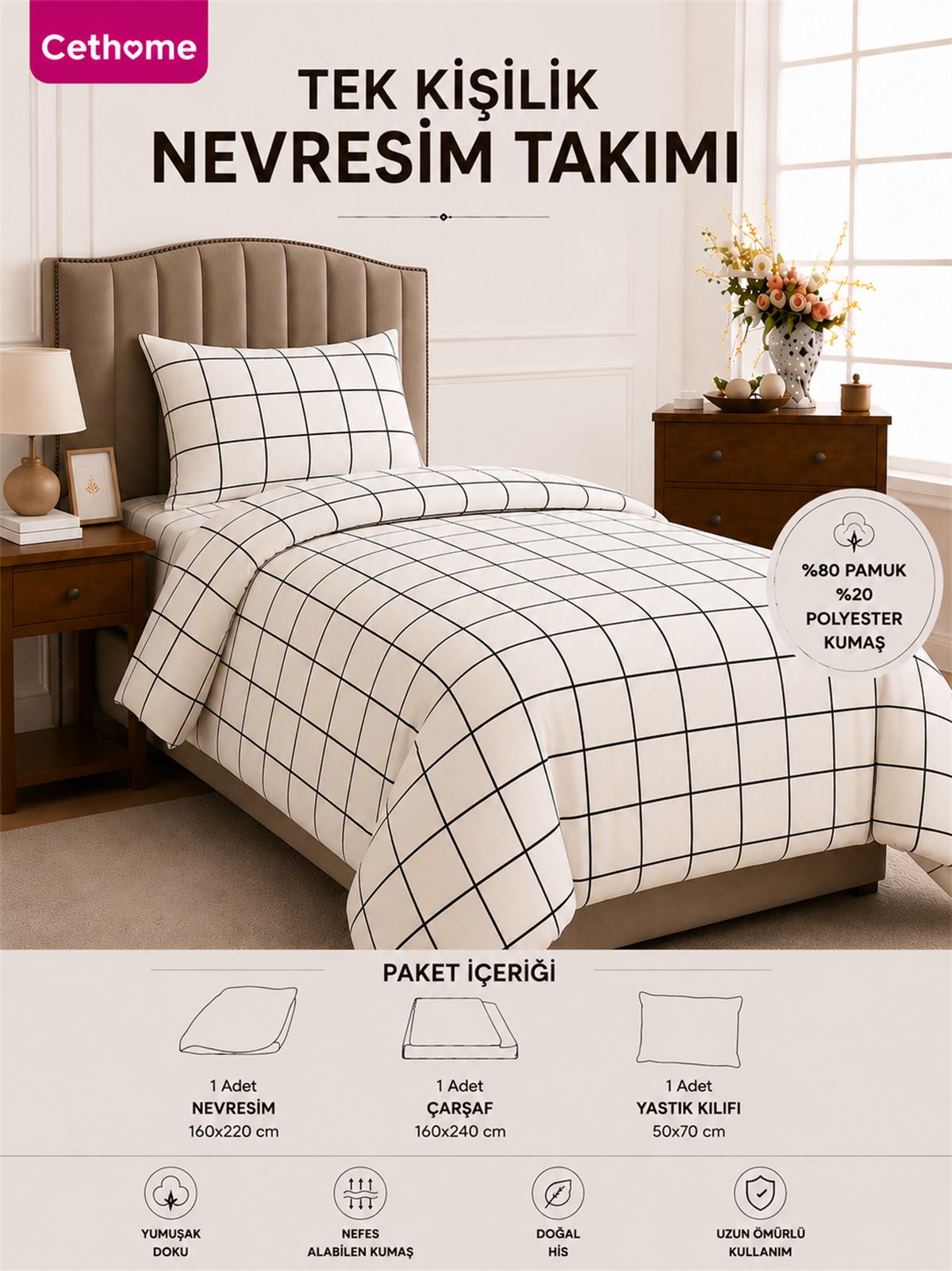 ÇetHome Pamuklu Beyaz Ekose Desenli Tek Kişilik Nevresim Takımı
