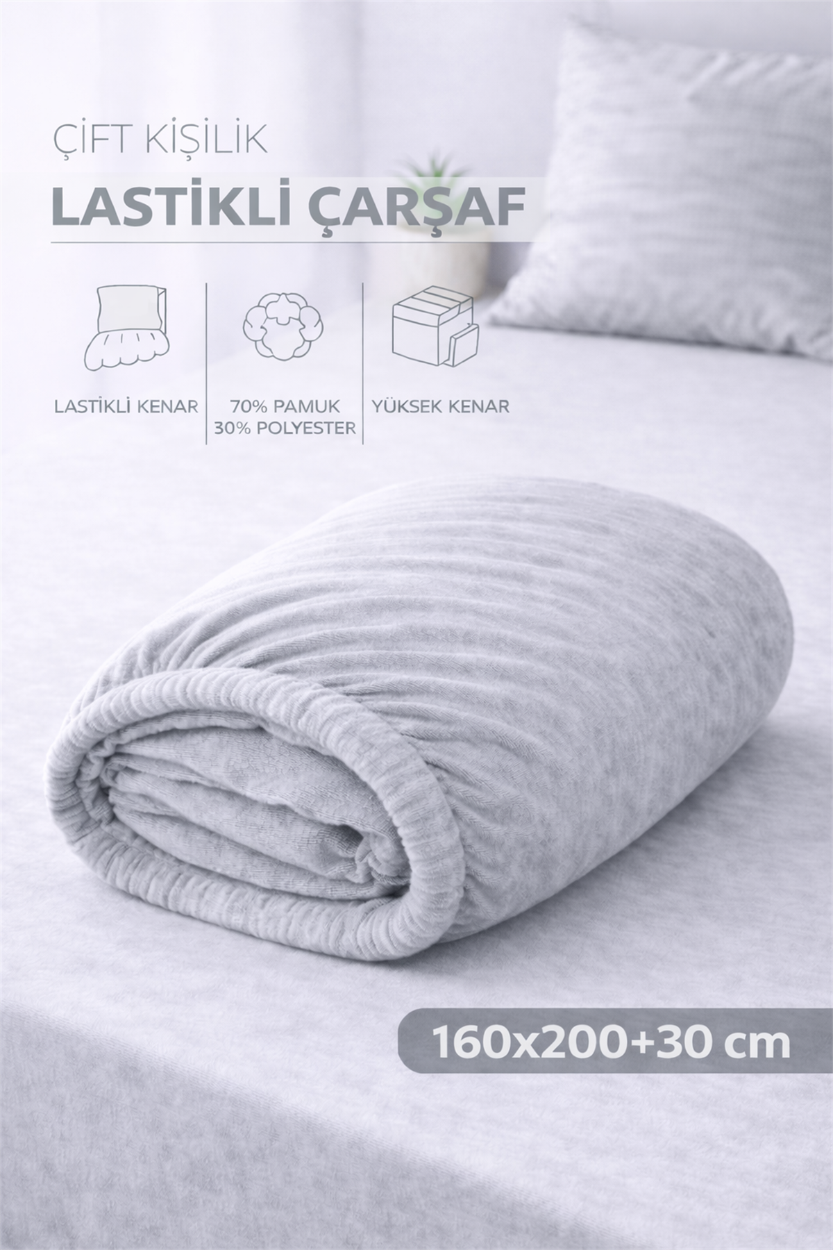 ÇetHome Pamuklu Gri Lastikli Çift Kişilik Çarşaf 160*200 cm