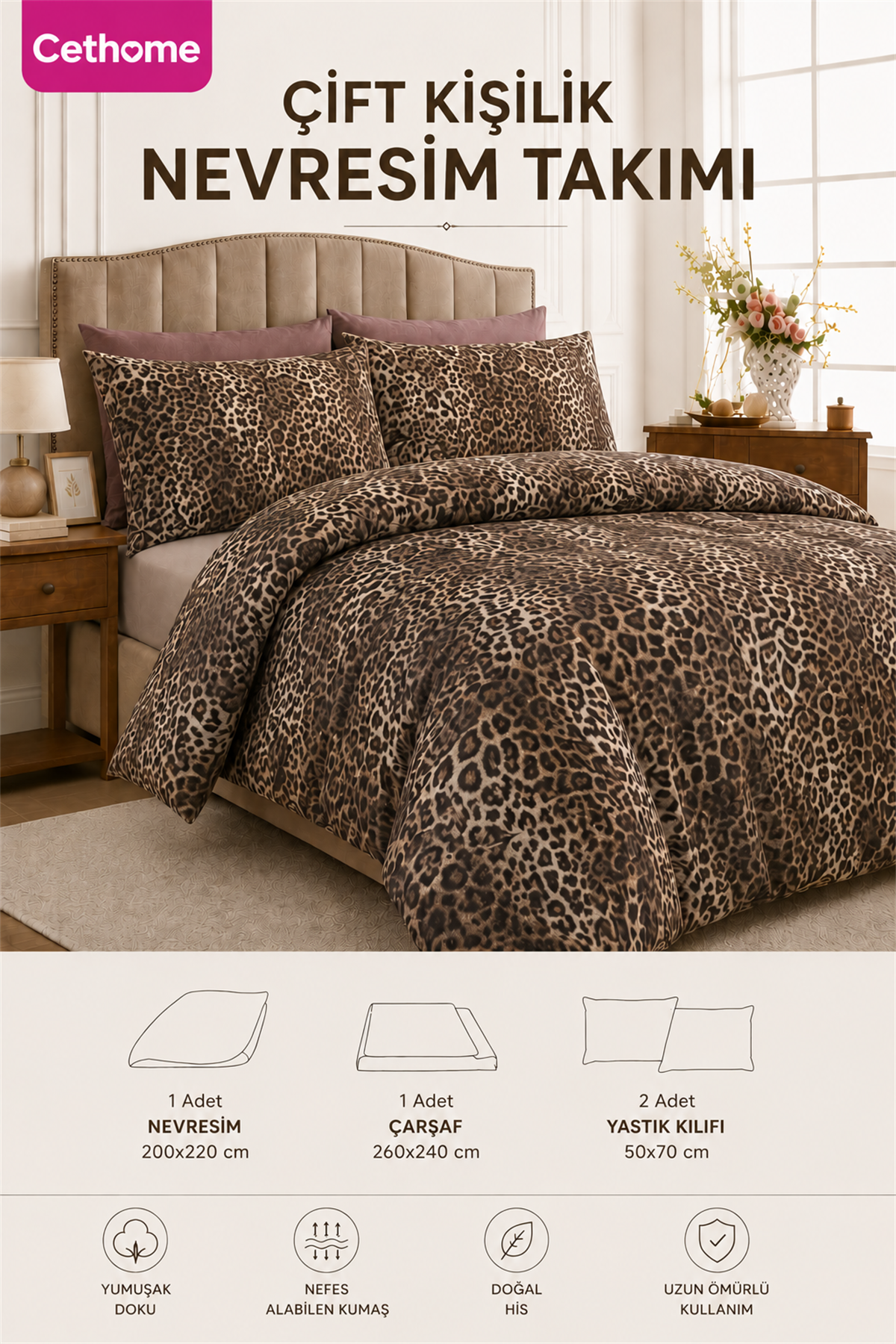 ÇetHome Pamuklu Leopar Desenli Çift Kişilik Nevresim Takımı