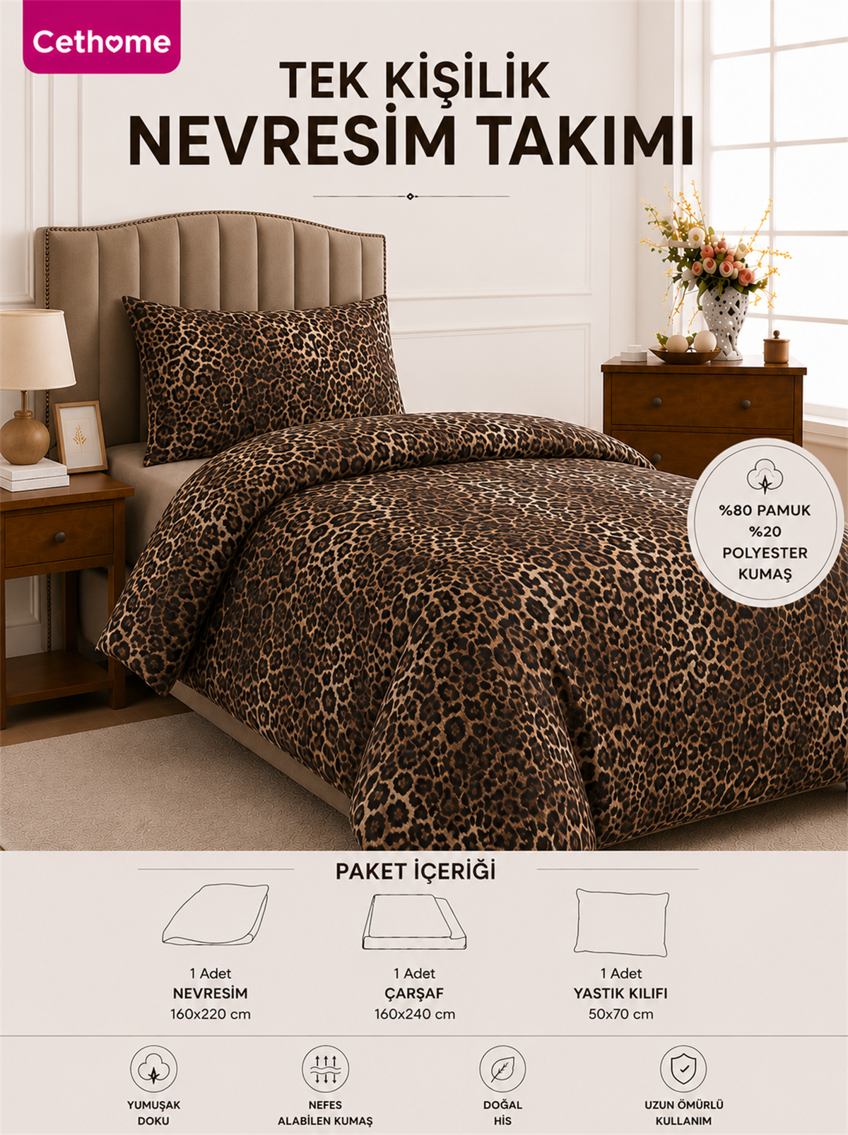 ÇetHome Pamuklu Leopar Desenli Tek Kişilik Nevresim Takımı