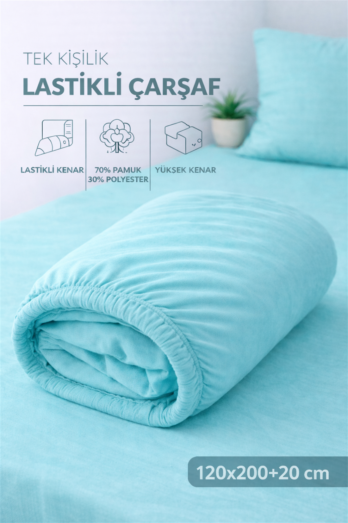 ÇetHome Pamuklu Mavi Lastikli Tek Kişilik Çarşaf 120*200 cm
