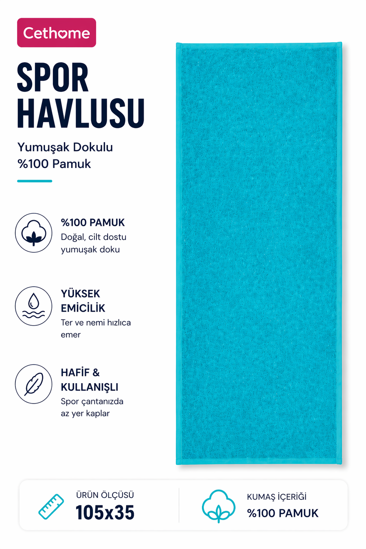 ÇetHome Turkuaz %100 Pamuk Spor Havlusu