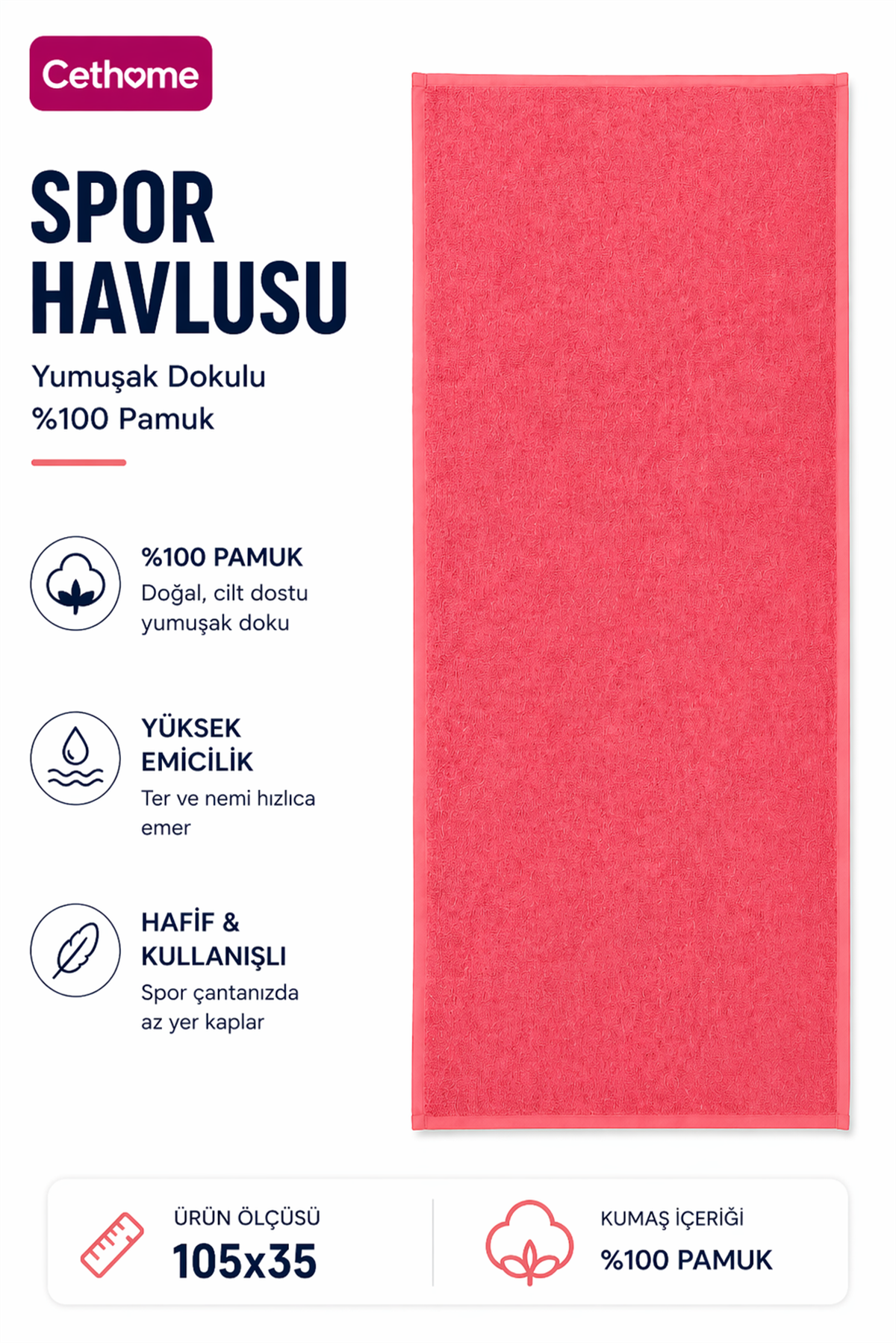 ÇetHome Yavruağzı Renk %100 Pamuk Spor Havlusu