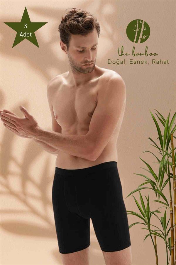 WeWeus 3'lü Siyah Erkek Süper İnce Doğal Bambu Lüks Uzun Boxer 1013