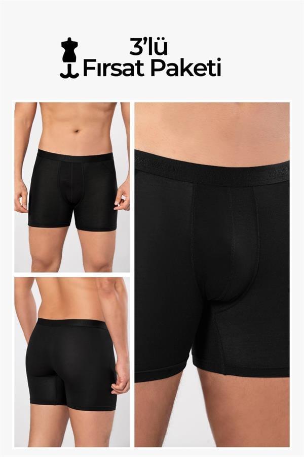 WeWeus 3'lü Siyah Micro Modal Premium Erkek Uzun Boxer