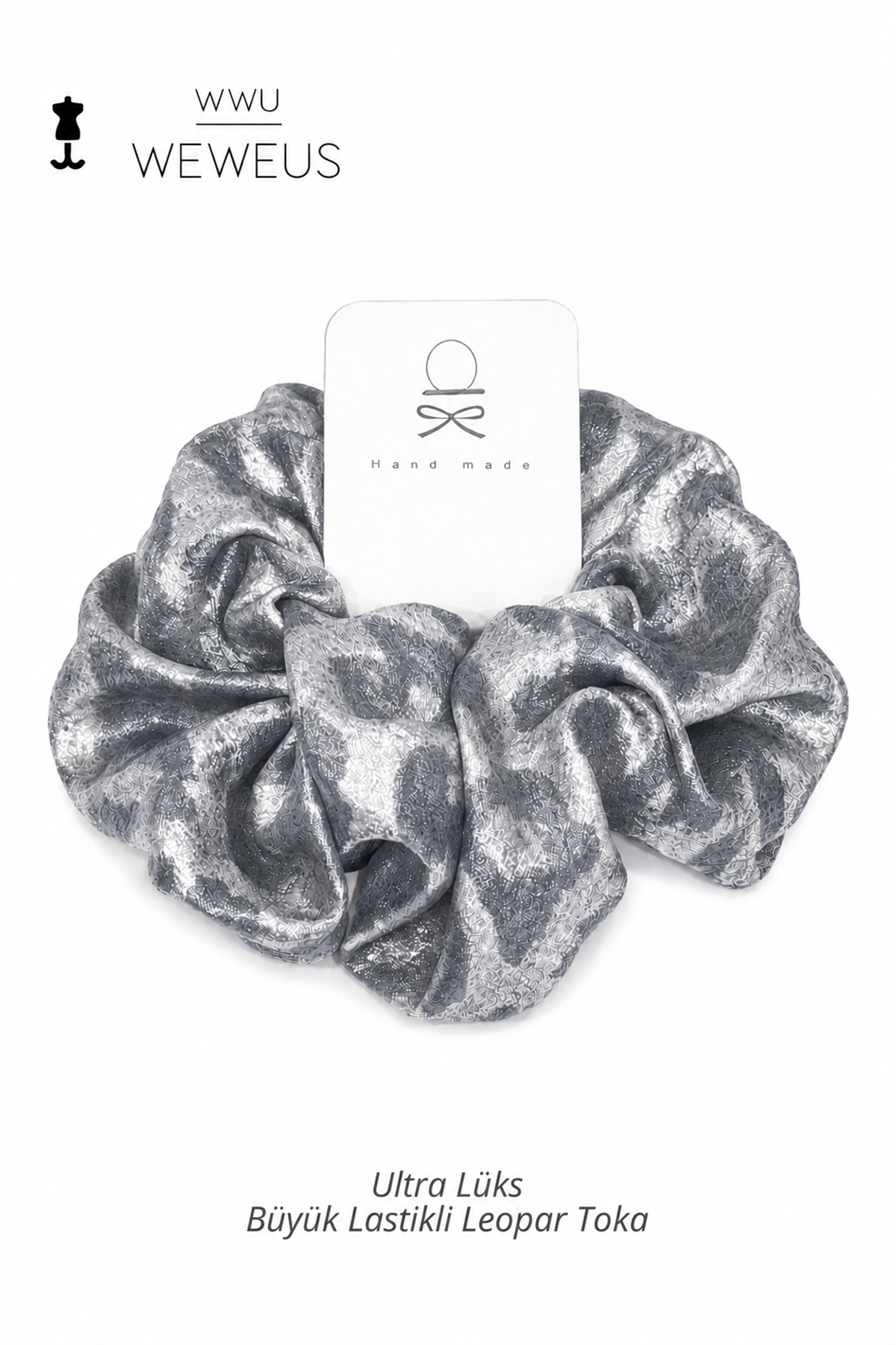 WeWeus Büyük Gri Leopar Premium Saten Lastik Scrunchie Toka