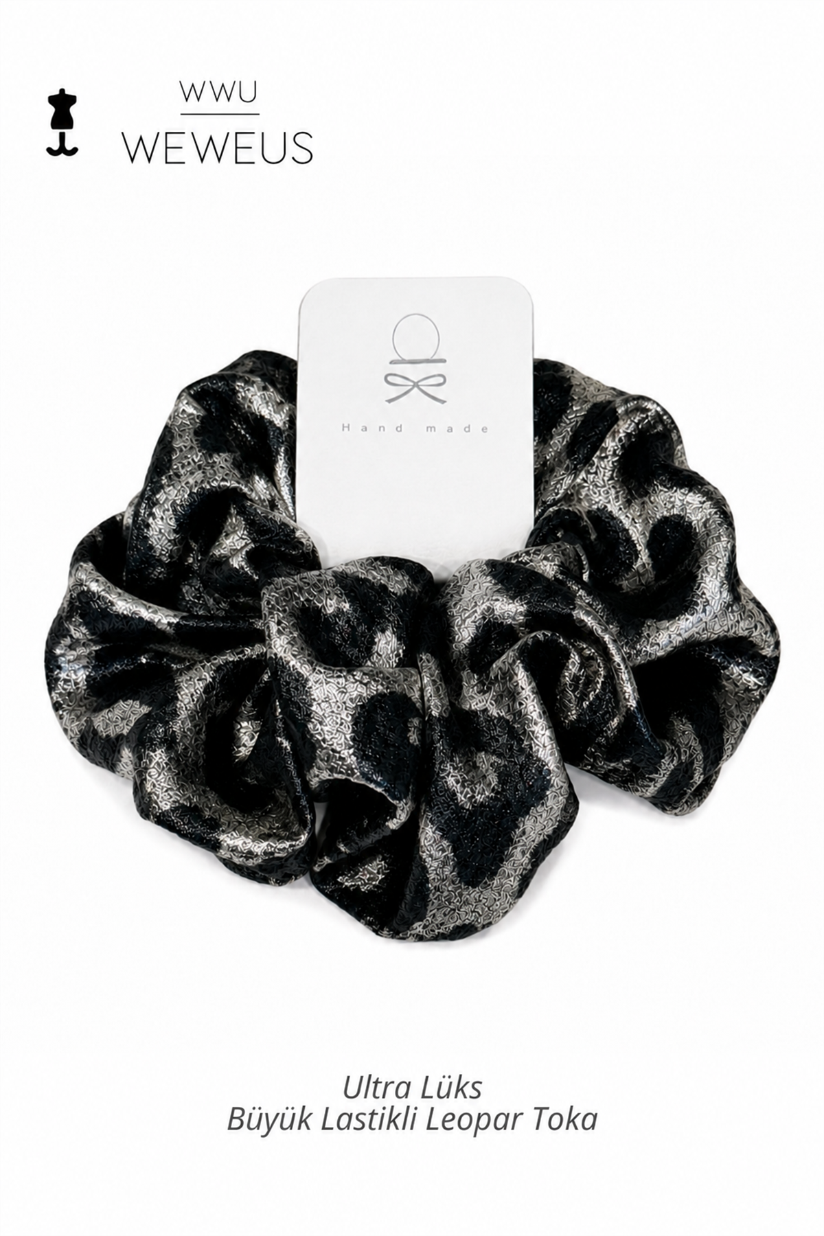 WeWeus Büyük Siyah Gri Leopar Premium Saten Lastik Scrunchie Toka
