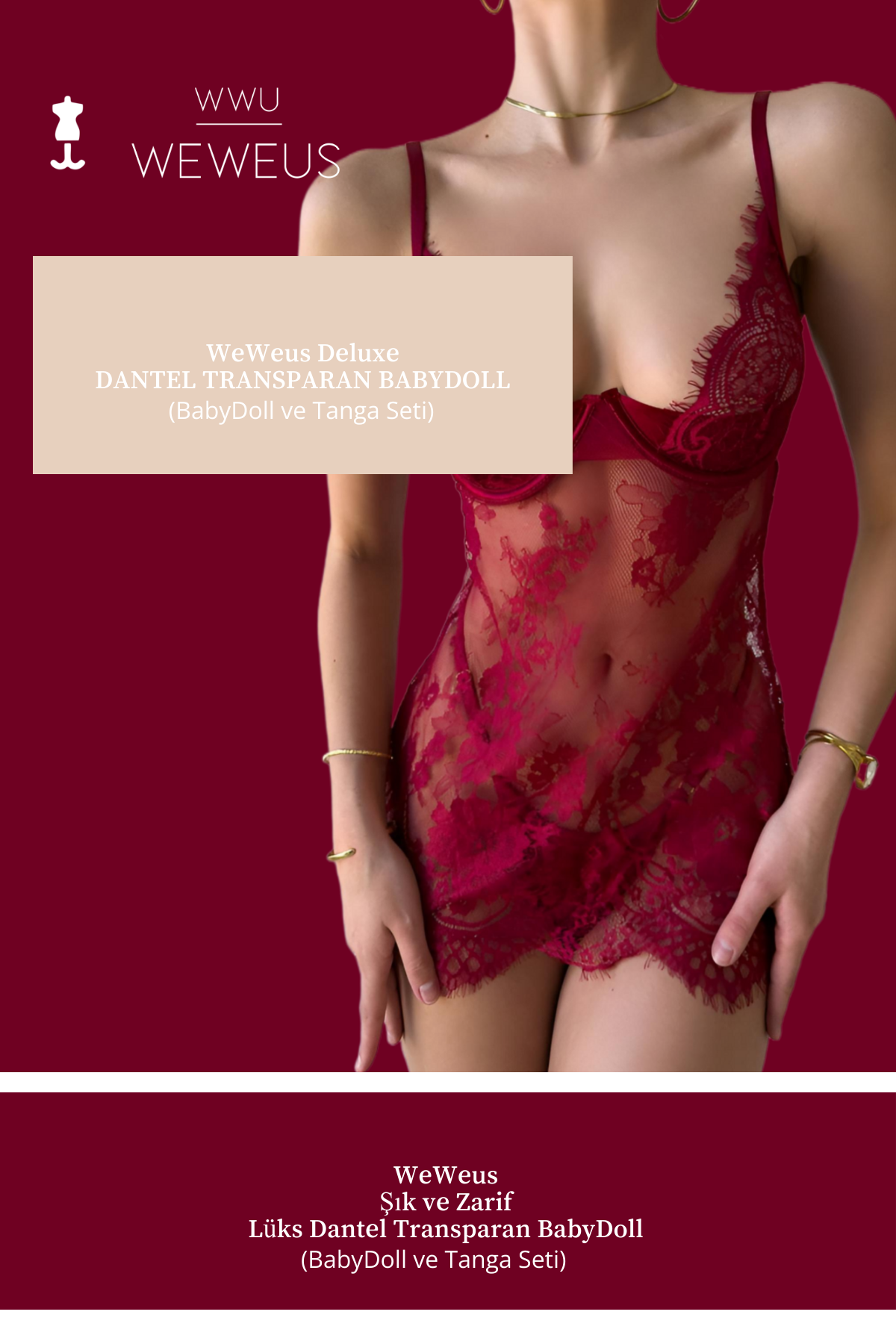 WeWeus Deluxe Bordo Vişne Dantel Transparan Babydoll Fantezi Gecelik ve Tanga Seti