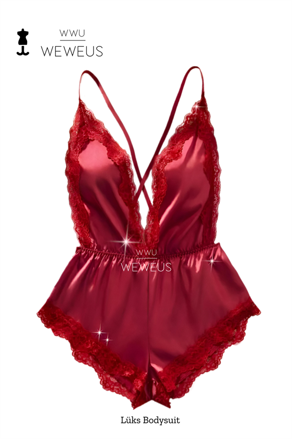 WeWeus Kırmızı Dantel Esnek Lüks BodySuit Pijama Tulum Gecelik