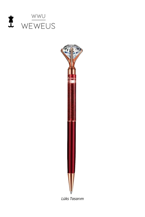 WeWeus Kırmızı Sulu Pullu Taşlı Tasarım Lüks Tükenmez Kalem