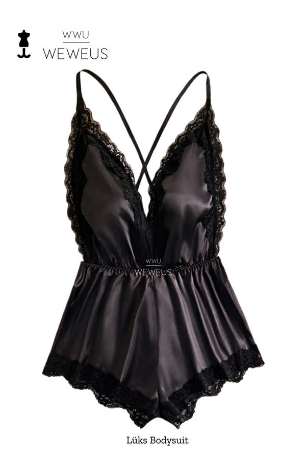 WeWeus Siyah Dantel Esnek Lüks BodySuit Pijama Tulum Gecelik