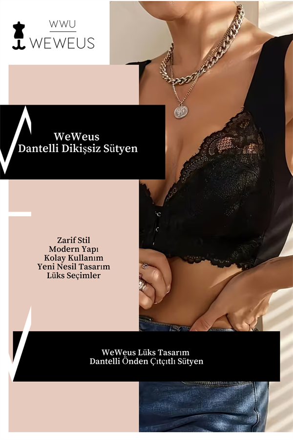 Weweus Siyah Önden Çıtçıtlı Dantelli Push Up Toparlayıcı Sütyen