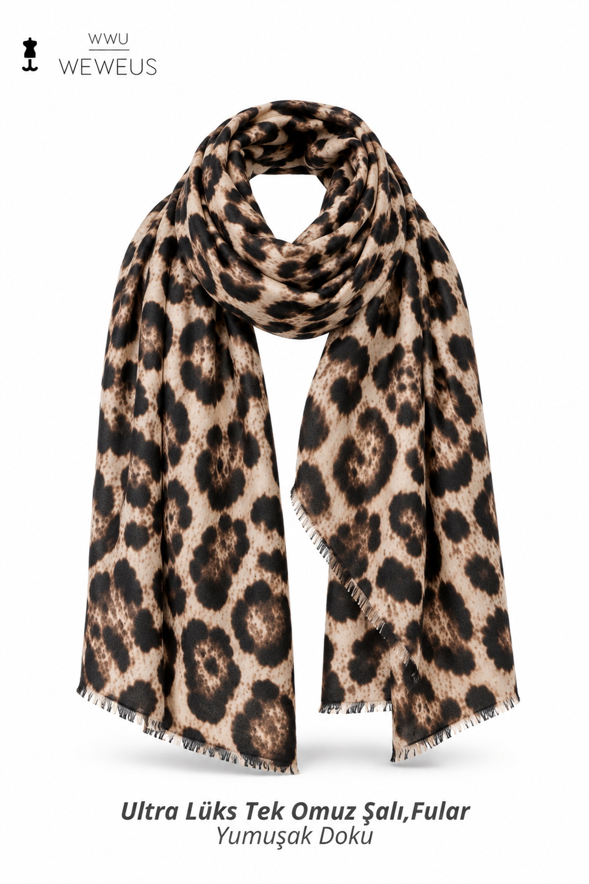 WeWeus Ultra Lüks Bej Leopar Desen Omuz Şalı & Fular & Baş Örtüsü 90x180 cm