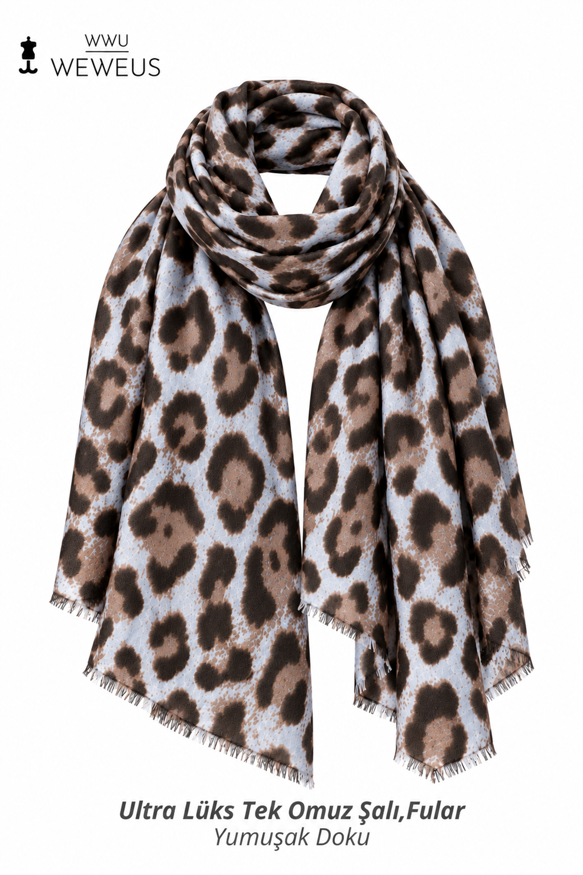 WeWeus Ultra Lüks Mavi Gri Leopar Desen Omuz Şalı & Fular & Baş Örtüsü 90x180 cm