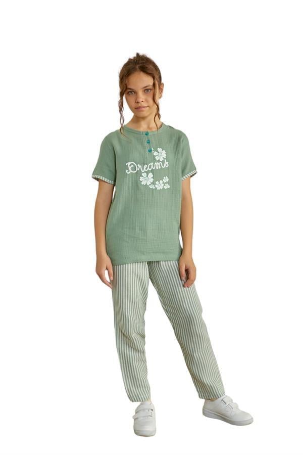 WeWeus Yeşil Kız Çocuk Düğmeli Pijama Takımı 804