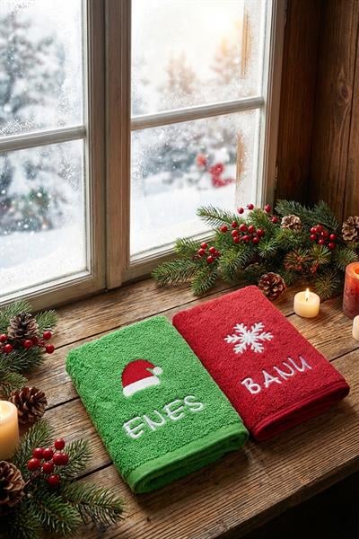  Kişiye Özel Yılbaşı Havlu Seti – İsimli Nakışlı El Havlusu | Çam Ağacı & Kar Tanesi Desenli 30x50 cm 2 li Set Yeşil Kırmızı Yeni Yıl Hediyesi