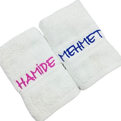 İsimli Nakışlı Beyaz Havlu 2 li set  30x50cm