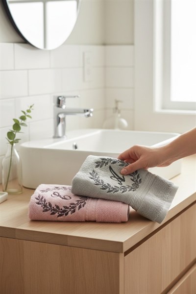 Kişiye Özel El Havlusu 30x50 2 li set Pembe - Gri