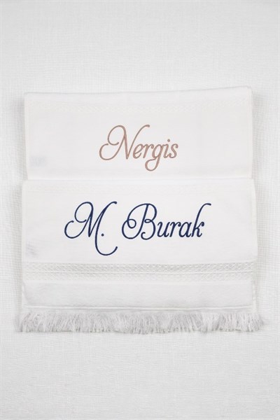 Kişiye Özel Nakışlı Gelin Damat Bohça Havlu Seti | İsim İşlemeli Beyaz Kadife Havlu (2li) 50x90 cm