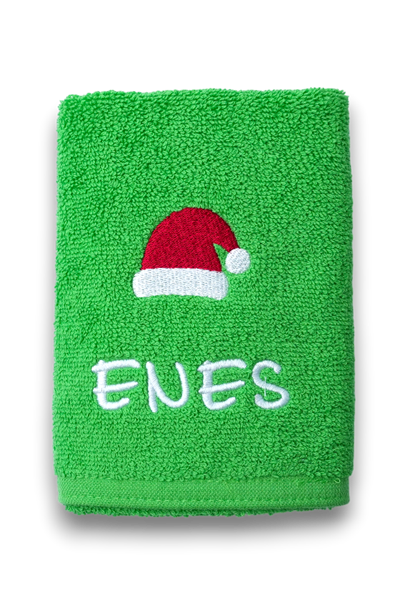 Kişiye Özel Yılbaşı Havlusu – İsimli Nakışlı Noel Temalı El Havlusu  30x50 cm Yeşil| Yeni Yıl Hediyesi
