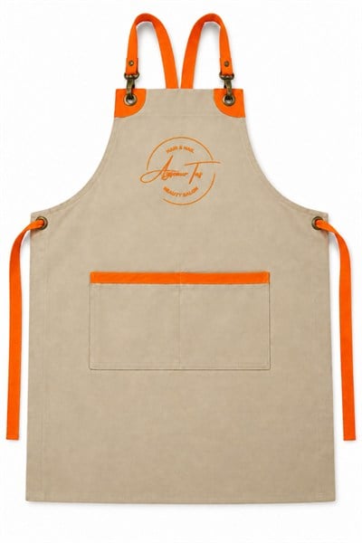 Logo Nakışlı Bej Kurumsal Önlük – Pamuk Duck Keten 60 × 80 cm