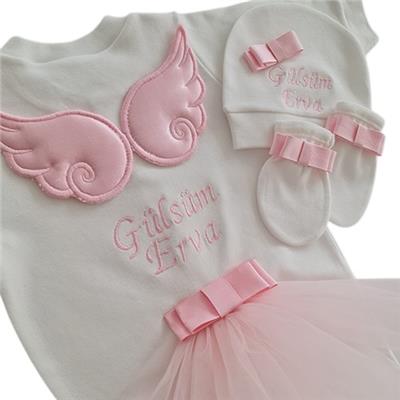 Melek Kanatlı Kız Bebek Hastane Çıkışı 3 lü Set Pembe