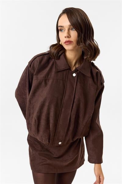 Apoletli Fermuarlı Kısa Süet Ceket