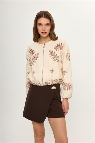 Bej %100 Pamuk Nakış İşlemeli Kadın Bomber Ceket