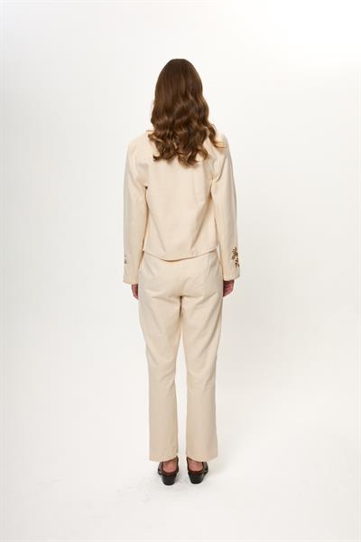 Bej %100 Pamuk Etnik Nakışlı Kadın Pantolon