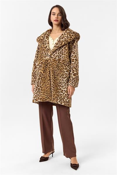 Kapüşonlu Cepli Leopar Peluş Kürk 