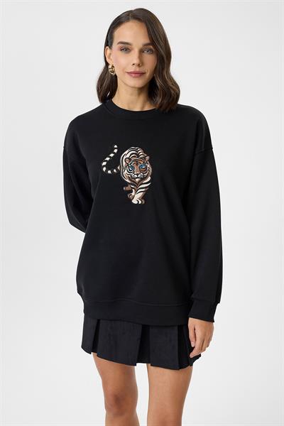 Kaplan Nakışlı Arkası Baskılı Sweatshirt