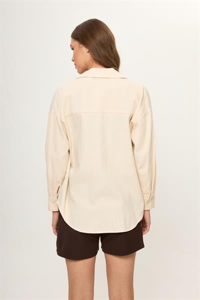 Bej %100 Pamuk Nakışlı Balıksırtı Desenli Kadın Gömlek