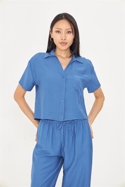 Cepli Kısa Keten Görünümlü Gömlek