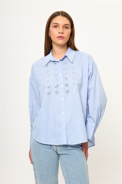 Taş İşlemeli Çizgili Gömlek