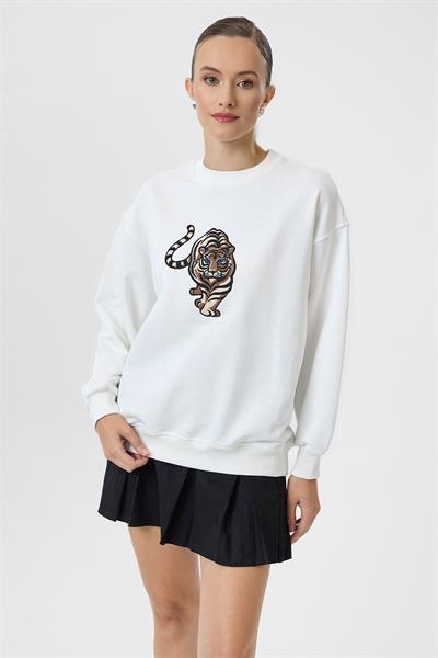 Kaplan Nakışlı Arkası Baskılı Sweatshirt