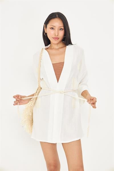 Nakışlı Keten Karışımlı Müslin Kimono