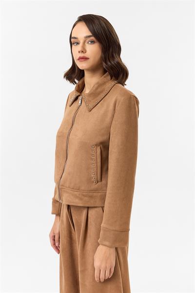 Taş Detaylı Fermuarlı Süet Ceket