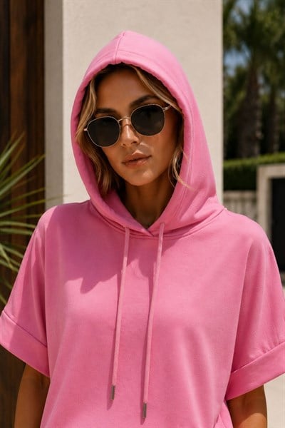 Kapüşonlu Kısa Kol Modal Sweatshirt