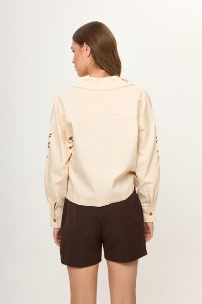 Bej %100 Pamuk Nakışlı Desenli Kadın Gömlek